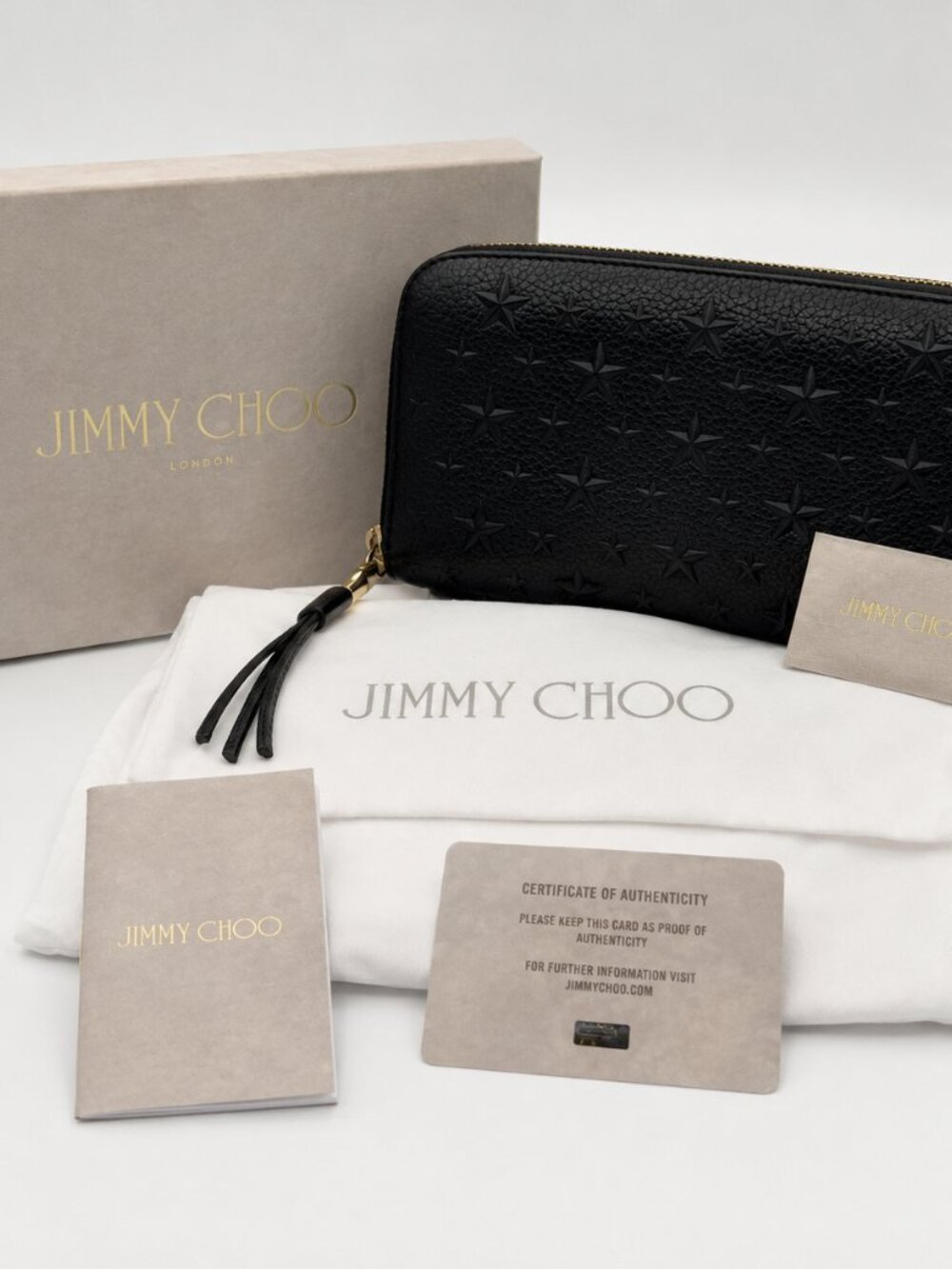 Jimmy Choo Filipa Black Star Studded Zip Around Wallet - Full Set